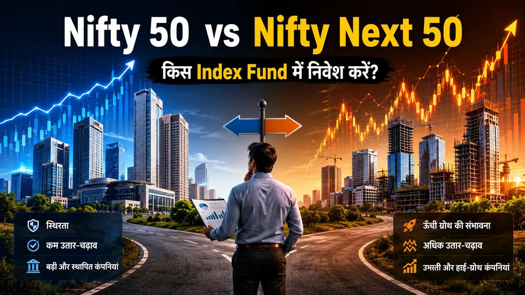 Nifty 50 vs Nifty Next 50 in Hindi comparison showing index fund investment strategy, risk and return differences