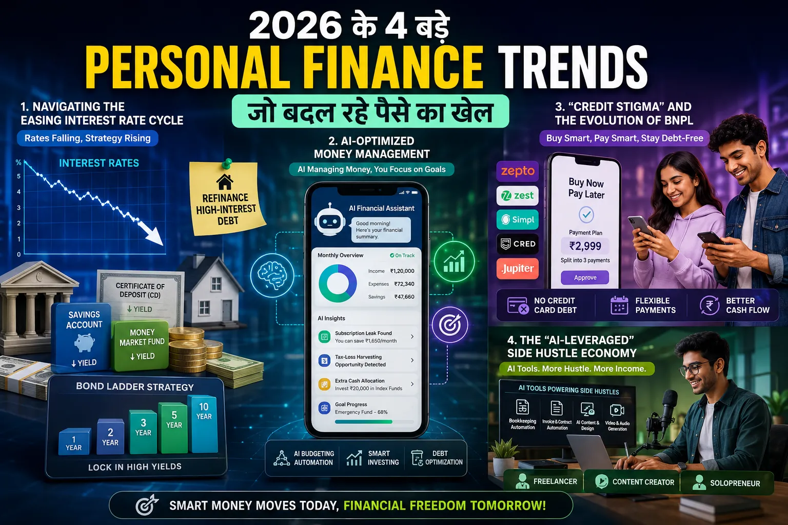 Personal Finance Trends 2026 in Hindi featuring AI money management, BNPL, wealth management and side hustle economy