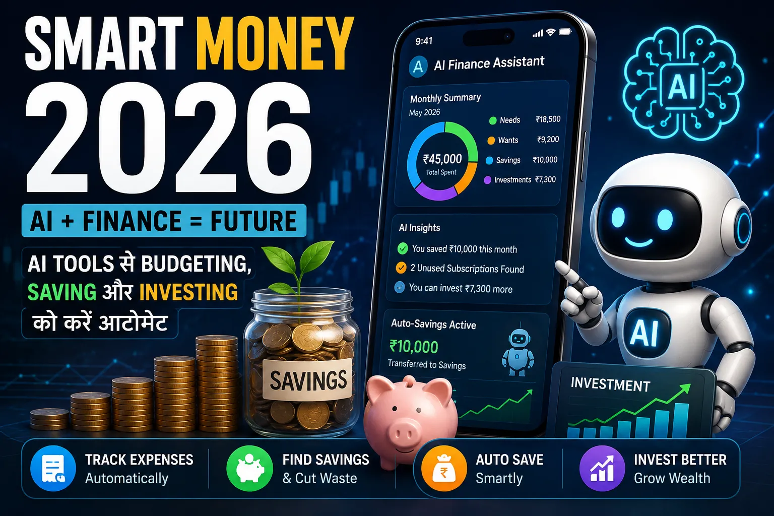 smart money 2026 ai personal finance in hindi featured image showing AI tools for budgeting saving and investing automation