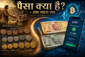 पैसा क्या है? विनिमय प्रणाली से लेकर प्राचीन सिक्कों, भारतीय रुपये, UPI भुगतान और डिजिटल मुद्रा तक पैसे के विकास को दर्शाती फीचर इमेज।