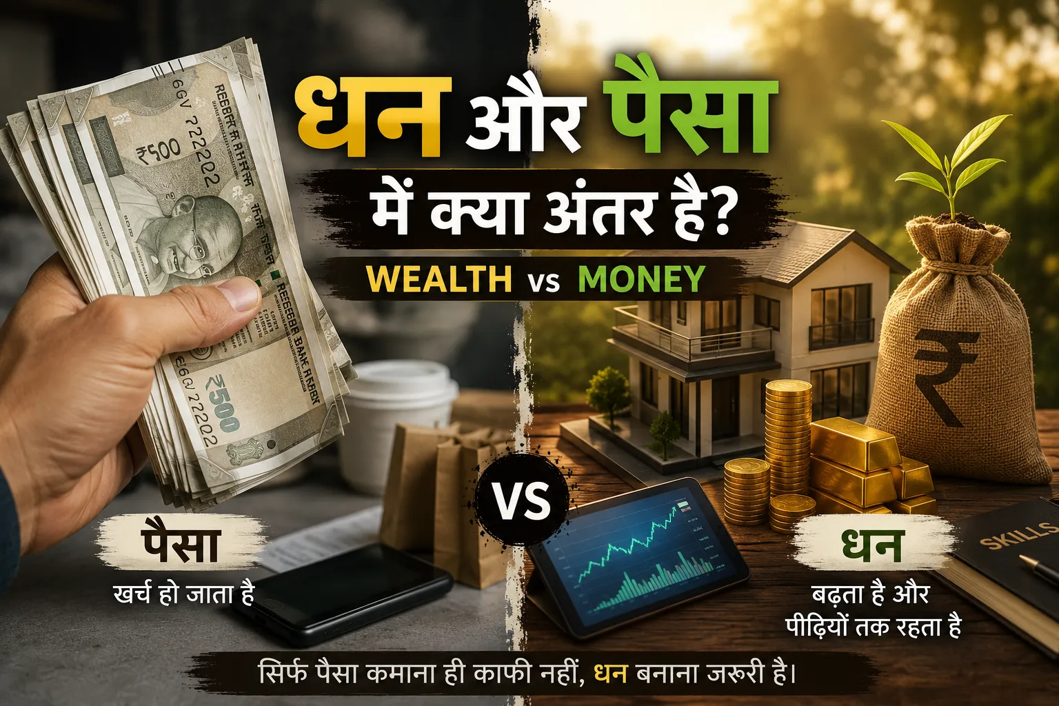 धन और पैसा में क्या अंतर है? Wealth vs Money को घर, सोना, निवेश और नकद पैसे के उदाहरण से समझाता हुआ चित्र।