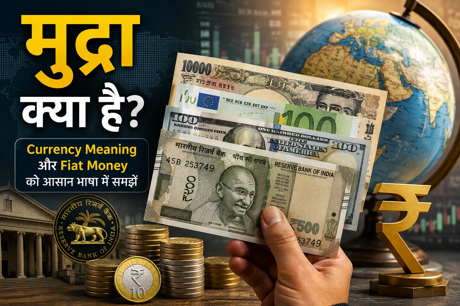 मुद्रा क्या है? भारतीय रुपया, विदेशी करेंसी, Fiat Money और Currency Meaning को दर्शाती फीचर इमेज