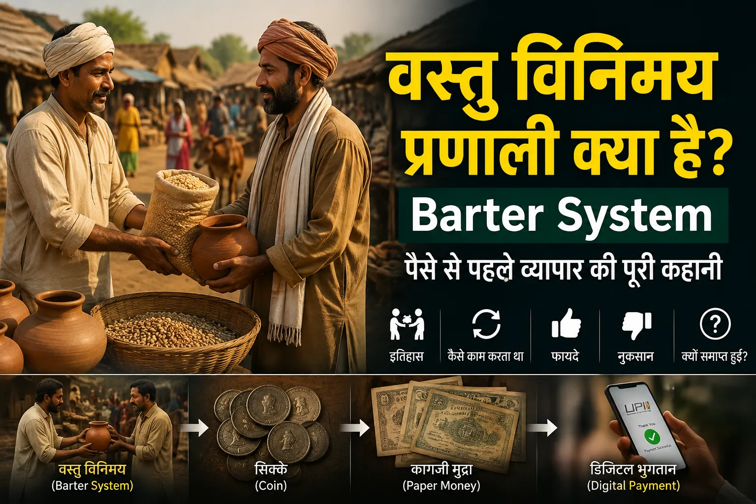 वस्तु विनिमय प्रणाली (Barter System) क्या है? | पैसे से पहले व्यापार वस्तु विनिमय प्रणाली (Barter System) में दो लोग वस्तुओं का आदान-प्रदान करते हुए – पैसे से पहले व्यापार का उदाहरण